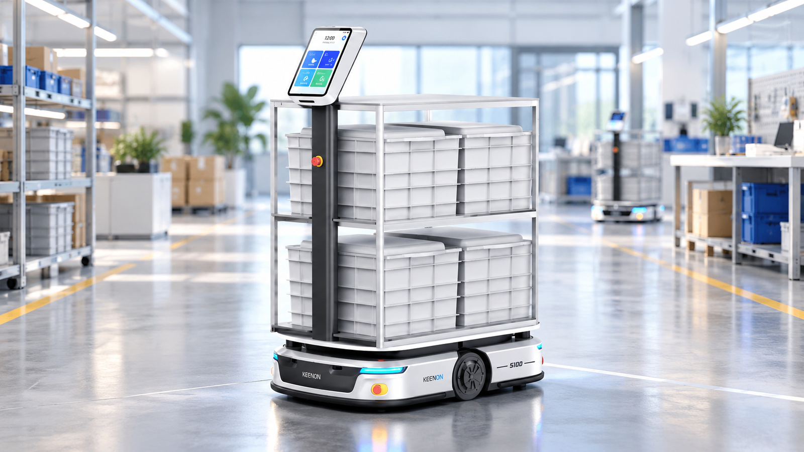 Keenon S100 Heavy-Load Industrial Courier Robot Hauling Material Boxes in Fulfillment Center