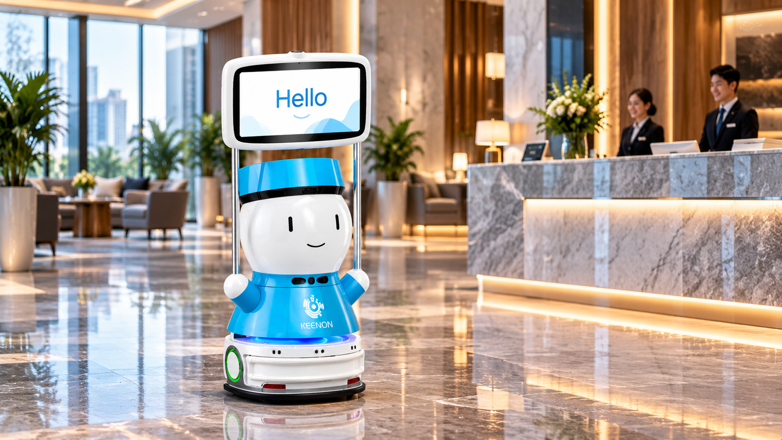 Friendly Keenon Guiderbot G2 interacting warmly with guests at reception