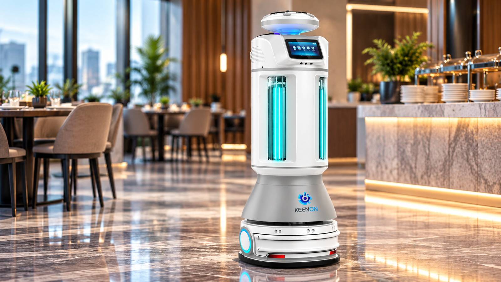 Keenon Disinfection Robot M2 stationed in sleek modern lobby
