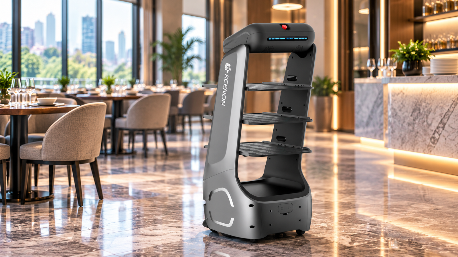 Keenon DINERBOT T5 Pro serving diners in upscale restaurant