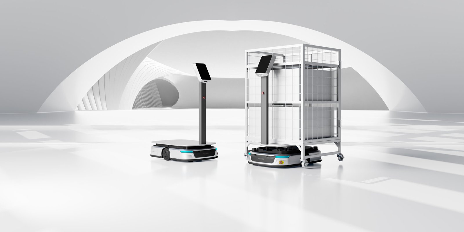 Keenon S300 Heavy-Load 300 kg Autonomous Delivery Robot with Lift Cart in White Showroom